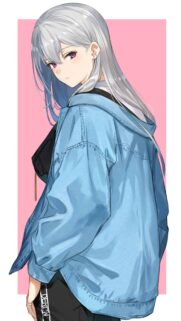 Anime Girl with Silver Hair in Denim Jacket Aesthetic Wallpaper