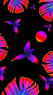 Neon Tropical Sunset Paradise Wallpaper with Exotic Birds and Monstera Leaves