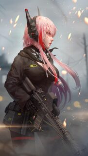 Tactical Pink Hair Anime Girl with Assault Rifle Wallpaper for Mobile