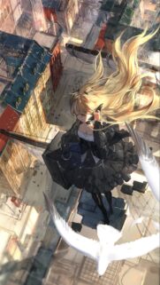 Anime Girl with Long Blonde Hair Overlooking European City Wallpaper