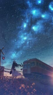 Anime Girl Waiting for Train Under Starry Night Sky Wallpaper