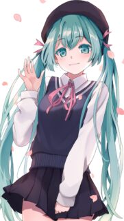 Cute Anime Girl Hatsune Miku with Teal Hair and Sakura Petals Mobile Wallpaper