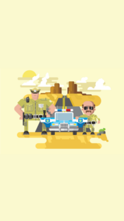 Funny Cartoon Police Officers and Patrol Car Desert Road Wallpaper for Mobile