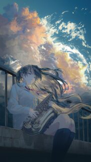 Anime Girl Playing Saxophone Under Sunset Clouds Wallpaper