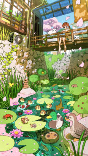 Anime Girl Sitting by a Serene Garden Pond with Cute Animals Wallpaper