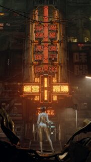 Cyberpunk Girl Standing Under Glowing Neon Maze Sign Mobile Wallpaper
