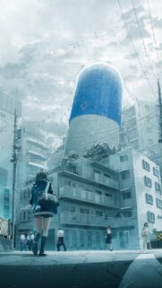 Surreal Anime Girl Walking Toward Giant Capsule Building Wallpaper