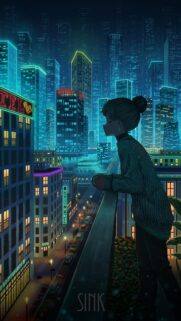 Anime Girl Relaxing on Balcony at Night with City Neon Lights Wallpaper