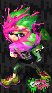 Splatoon 2 Inkling Boy Green Hair with Pink Ink Splash Mobile Wallpaper