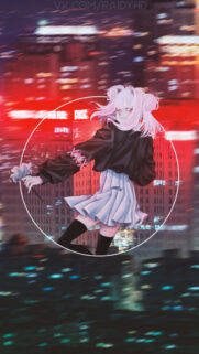 Anime Girl with Pink Hair Holding Flower Neon City Aesthetic Wallpaper