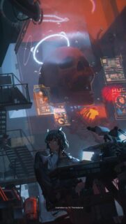 Cyberpunk Anime Girl Researching Giant Holographic Skull Wallpaper