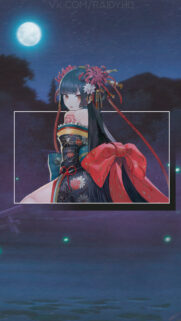 Stunning Anime Girl in Traditional Kimono Wallpaper Under Full Moon Night