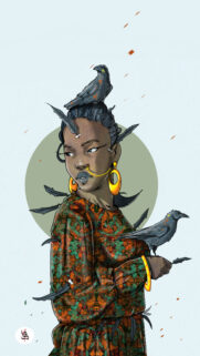 Stunning Artistic Illustration of a Woman with Ravens and Feathers for Mobile Wallpaper