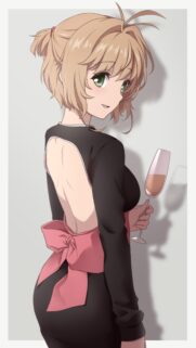 Anime Girl in Elegant Black Backless Dress with Champagne Glass Wallpaper