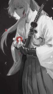 Melancholic Samurai Anime Aesthetic Wallpaper with Red Accent