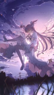 Anime Girl in White Dress Holding Flowers Sunset Sky Wallpaper