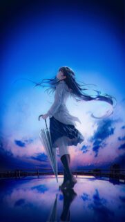 Anime Girl With Umbrella Standing Under Sunset Sky Aesthetic Wallpaper