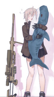 Anime Girl Hugging Cute Shark Plush with Tactical Sniper Rifle Wallpaper