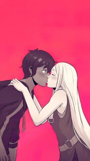 Romantic Anime Couple Kissing Against Vibrant Pink Background Mobile Wallpaper