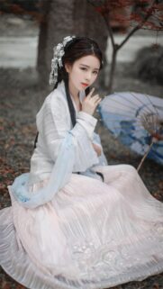 Beautiful Young Woman in Traditional Hanfu Dress with Parasol Wallpaper