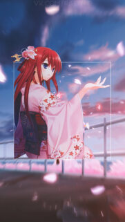 Anime Girl in Pink Kimono with Falling Cherry Blossoms Mobile Wallpaper