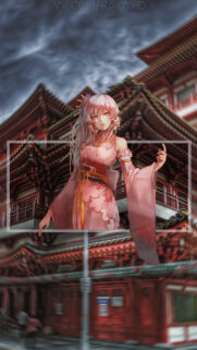 Anime Girl in Traditional Kimono with Traditional Japanese Temple Background Wallpaper