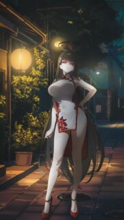 Stunning Anime Girl in Traditional Cheongsam Dress Under Night Street Lights Wallpaper