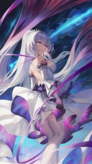 Stunning Anime Girl with Long White Hair in Ethereal White and Purple Dress Wallpaper
