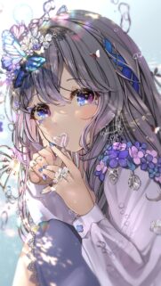 Stunning Anime Girl with Purple Flowers and Butterflies Wallpaper for Mobile