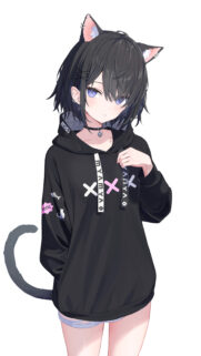 Cute Anime Cat Girl with Short Black Hair Wearing Oversized Hoodie Wallpaper