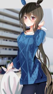 Cute Anime Girl in Blue Cable Knit Sweater Mobile Wallpaper