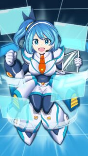 Cute Blue Haired Mecha Anime Girl with Futuristic Digital Displays Wallpaper