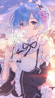 Rem from Re Zero Anime Wallpaper with Beautiful Sunset Flowers Background