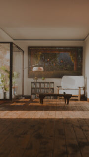 Cozy Living Room Interior with Sunlit Wooden Floor and Garden Art Wallpaper for Mobile