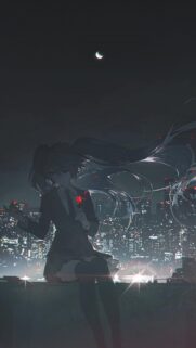 Sad Anime Girl Holding Red Flower Over Cityscape Night Wallpaper