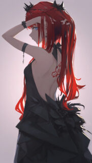 Stunning Anime Girl with Red Hair and Black Dress Aesthetic Wallpaper