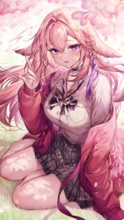 Beautiful Anime Girl with Pink Hair and Fox Ears Wallpaper for Mobile