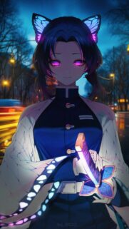 Shinobu Kocho Demon Slayer Aesthetic Wallpaper with Glowing Neon Effects