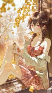 Anime Girl Reading in Autumn Golden Ginkgo Garden Wallpaper