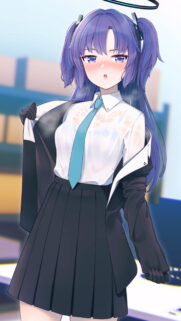 Cute Anime Girl with Purple Hair and School Uniform High-Resolution Wallpaper