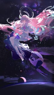 Ethereal Pink Haired Anime Goddess Floating in Space Wallpaper