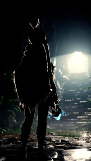 Stunning Silhouette Warrior Standing Before Ancient Temple Light Wallpaper for Mobile