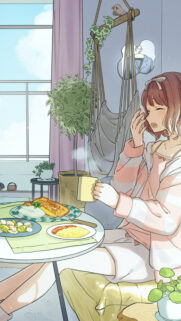 Cozy Anime Girl Enjoying Morning Breakfast Aesthetic Wallpaper
