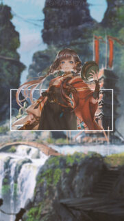 Beautiful Anime Girl in Traditional Japanese Attire with Scenic Waterfall Background Wallpaper