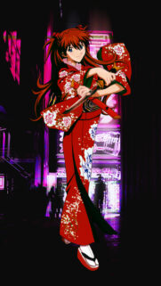 Asuka Langley Soryu in Red Floral Kimono Neon Tokyo Wallpaper