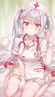 Cute Anime Nurse Girl with Silver Hair Holding Syringe Wallpaper