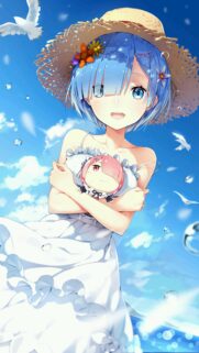 Rem from Re Zero Anime Girl with Ram Plushie Summer Aesthetic Wallpaper