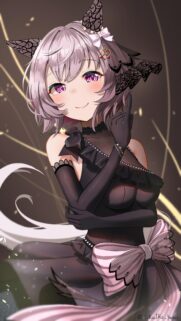 Anime Cat Girl in Elegant Black Lace Outfit High Quality Mobile Wallpaper