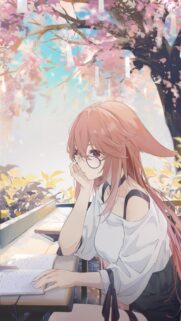 Anime Girl Reading Under Cherry Blossom Tree Aesthetic Mobile Wallpaper