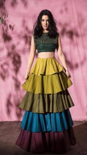 Stunning Sunny Leone in Multicolored Tiered Ethnic Dress Wallpaper
